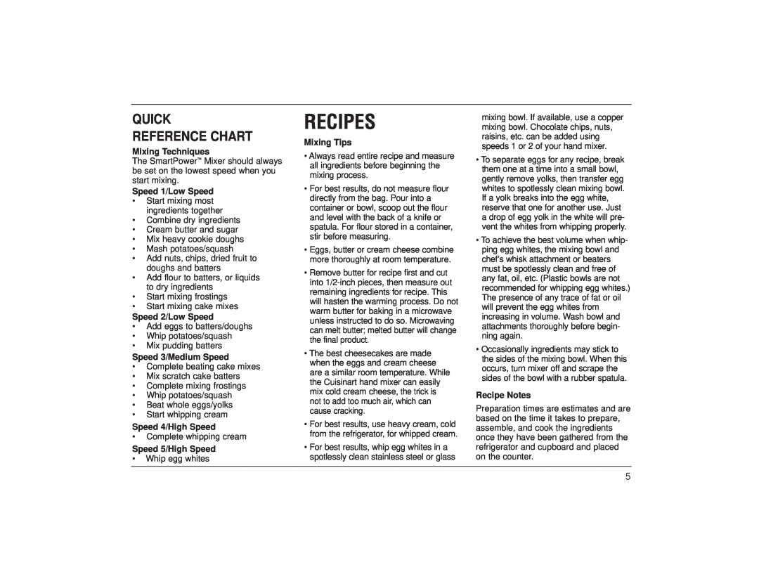 Cuisinart HTM-3 HTM-5 Recipes, Quick Reference Chart, Mixing Techniques, Speed 1/Low Speed, Speed 2/Low Speed, Mixing Tips 