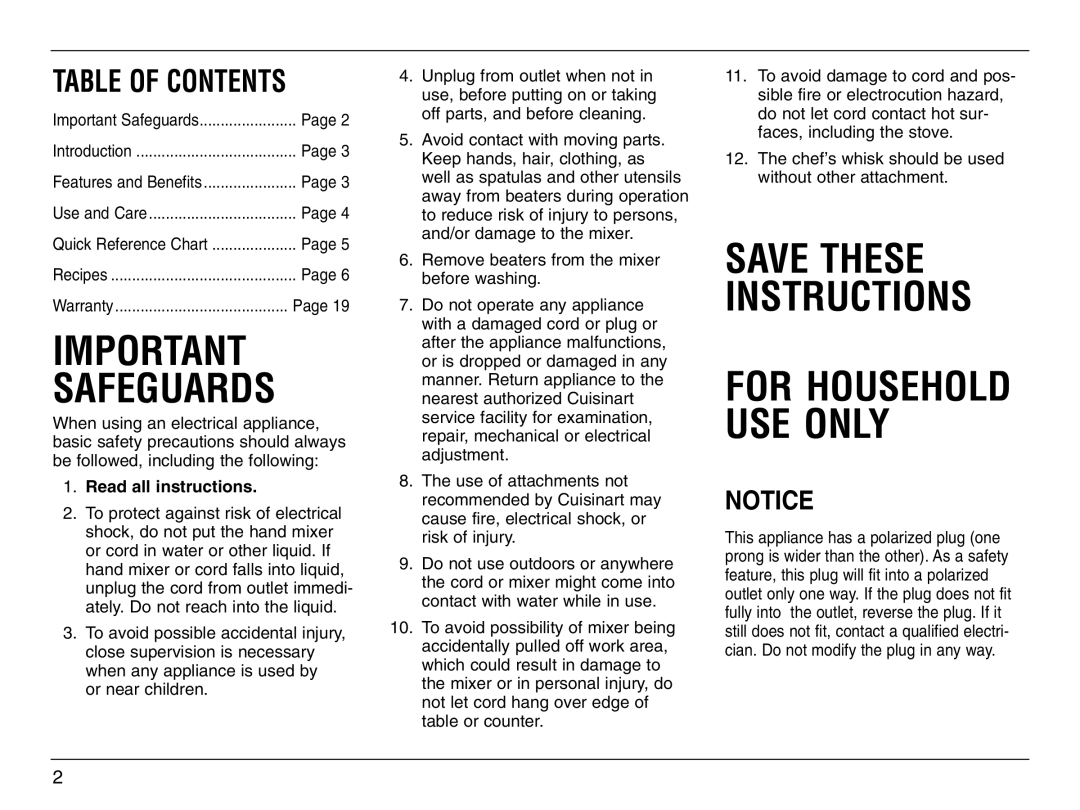 Cuisinart HTM-7L Safeguards, Table Of Contents, Save These Instructions, For Household Use Only, Read all instructions 