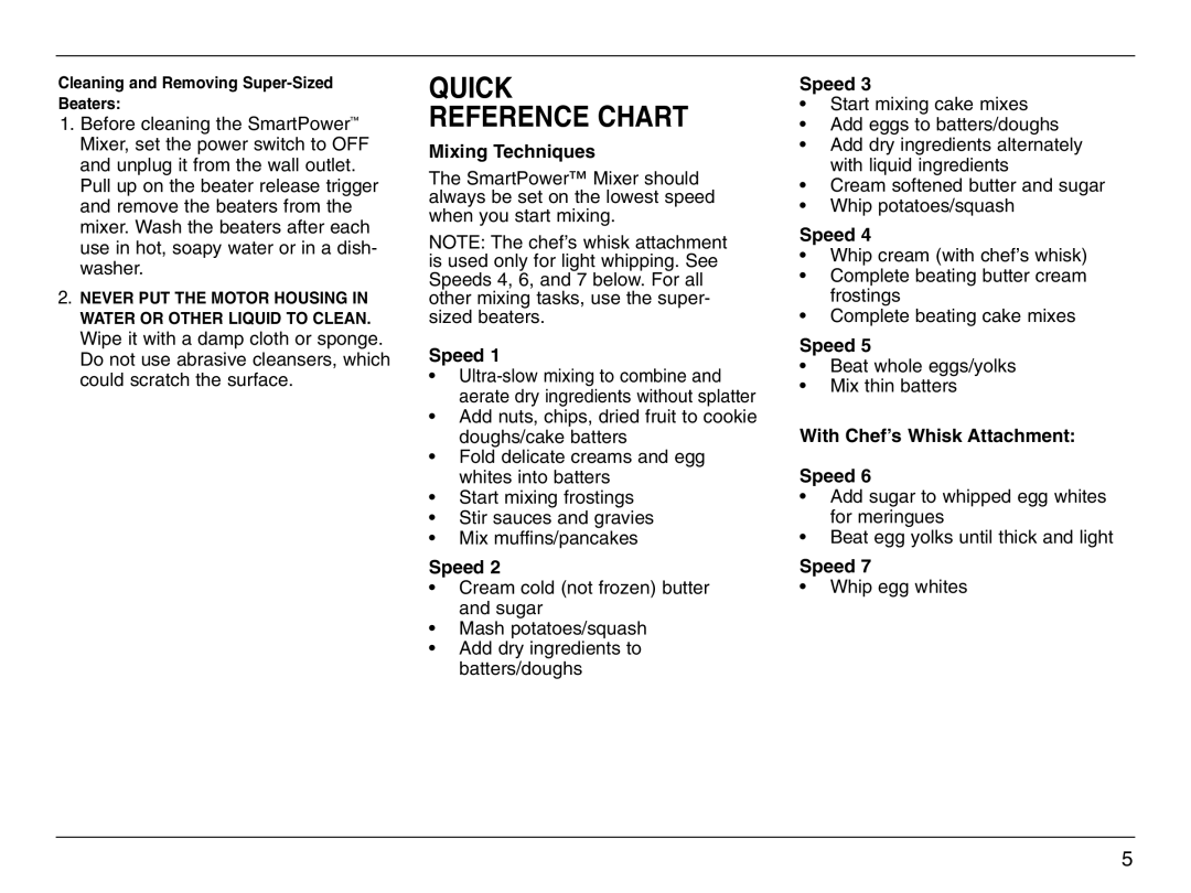 Cuisinart HTM-7L manual Quick Reference Chart, Mixing Techniques, With Chef’s Whisk Attachment Speed 