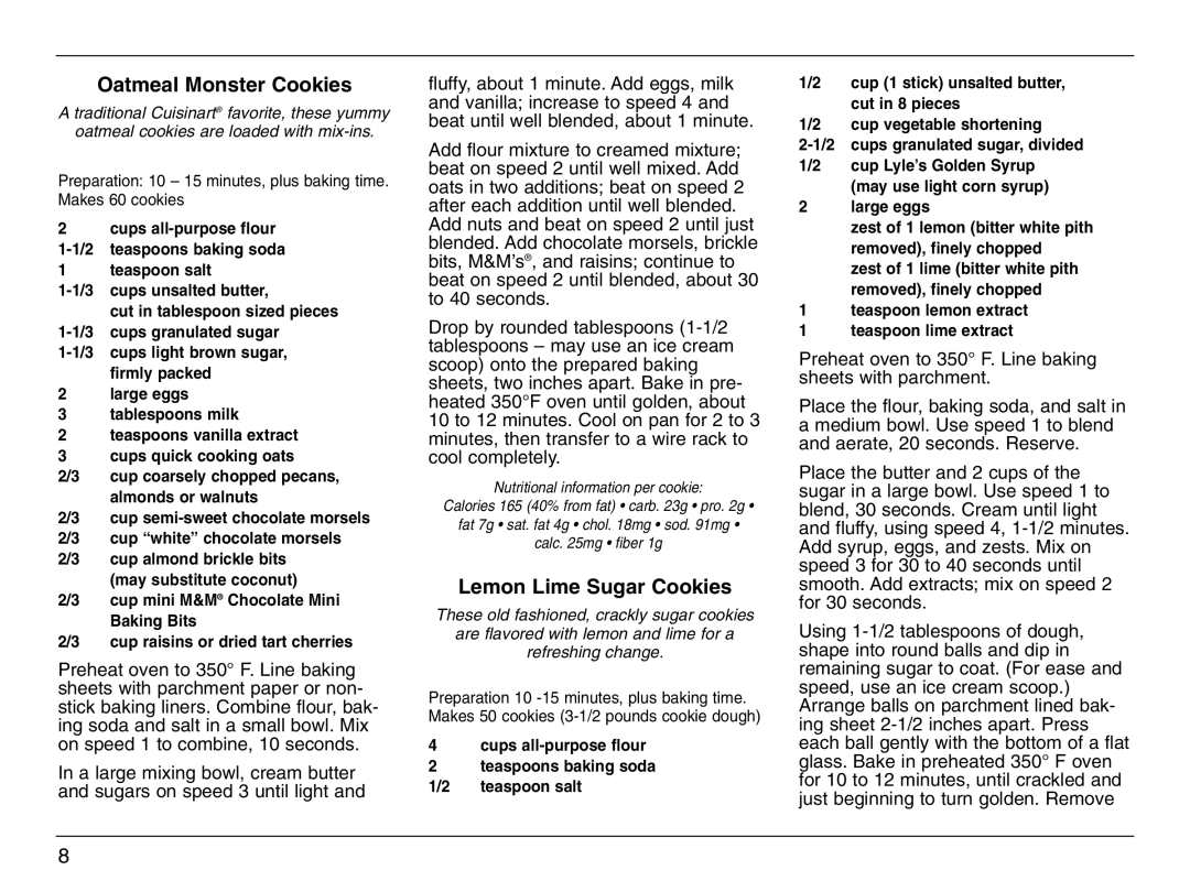 Cuisinart HTM-7L manual Oatmeal Monster Cookies, Lemon Lime Sugar Cookies 