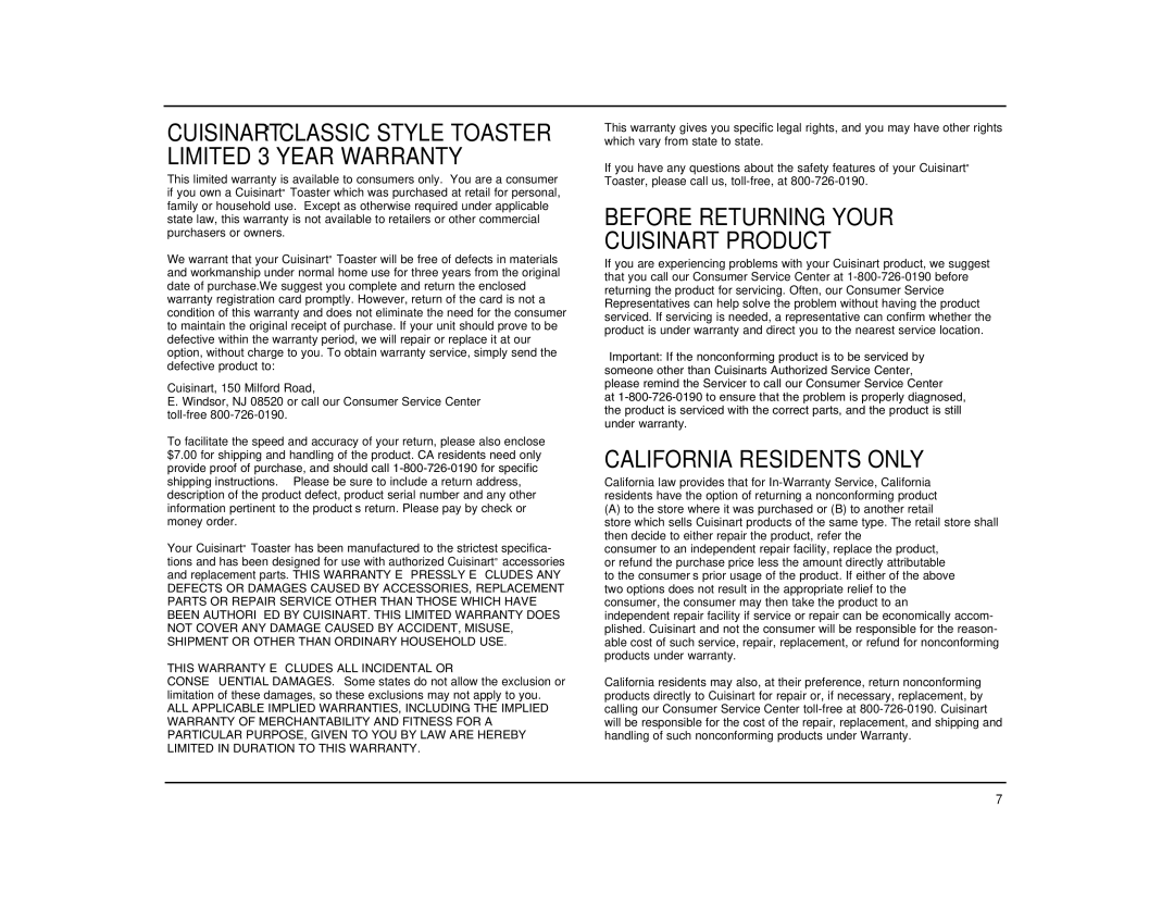 Cuisinart 01CU13179, IB-4000 manual Before Returning Your Cuisinart Product, California Residents only 