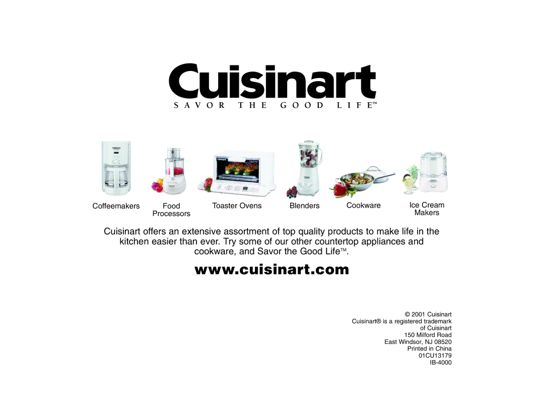 Cuisinart IB-4000, 01CU13179 manual Coffeemakers Food Toaster Ovens Blenders Cookware Ice Cream 