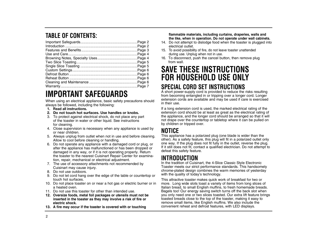 Cuisinart IB-4000, 01CU13179 manual Table Of Contents, Special Cord Set Instructions, Introduction, Important Safeguards 