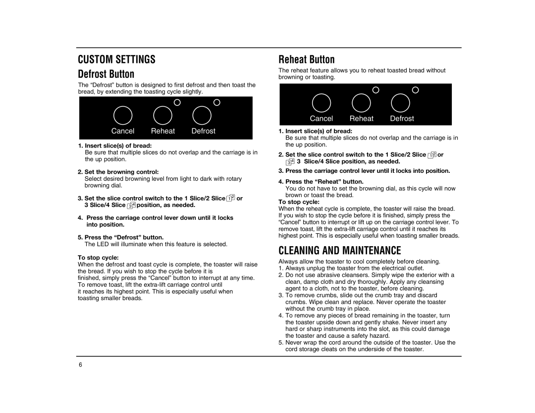 Cuisinart IB-4000 manual CUSTOM SETTINGS Defrost Button, Reheat Button, Cleaning And Maintenance, Cancel Reheat Defrost 