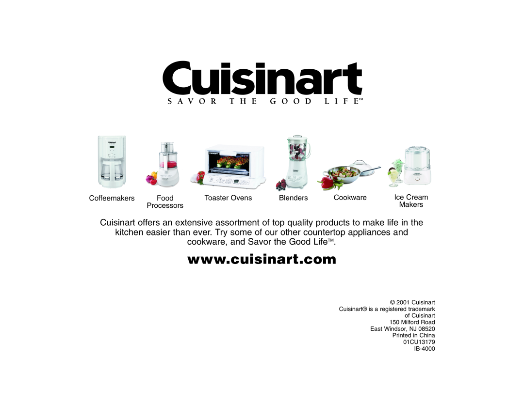 Cuisinart IB-4000, 01CU13179 manual cookware, and Savor the Good LifeTM 