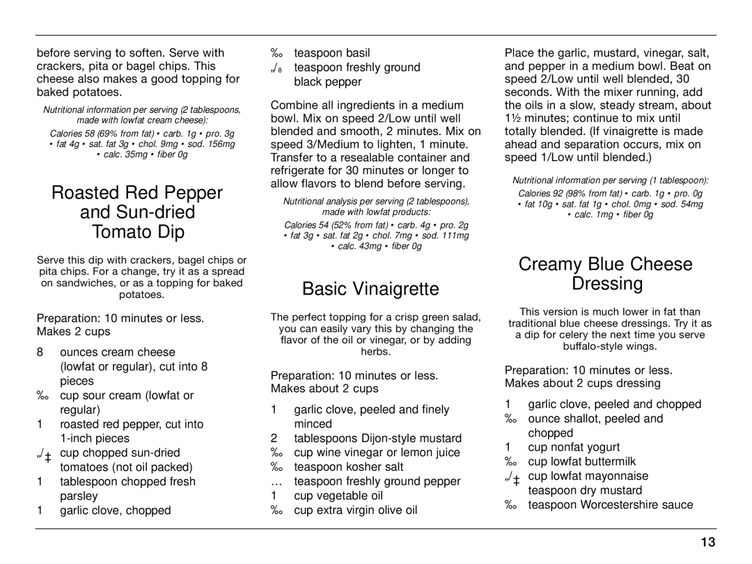 Cuisinart 0CU6515, IB-405A manual Roasted Red Pepper Sun-dried Tomato Dip, Basic Vinaigrette, Creamy Blue Cheese Dressing 