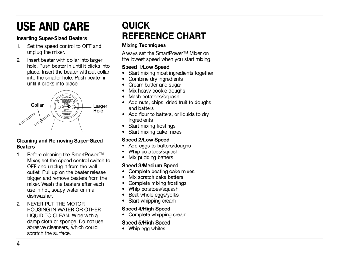 Cuisinart IB-405A, 0CU6515 Inserting Super-Sized Beaters, Cleaning and Removing Super-Sized Beaters, Mixing Techniques 