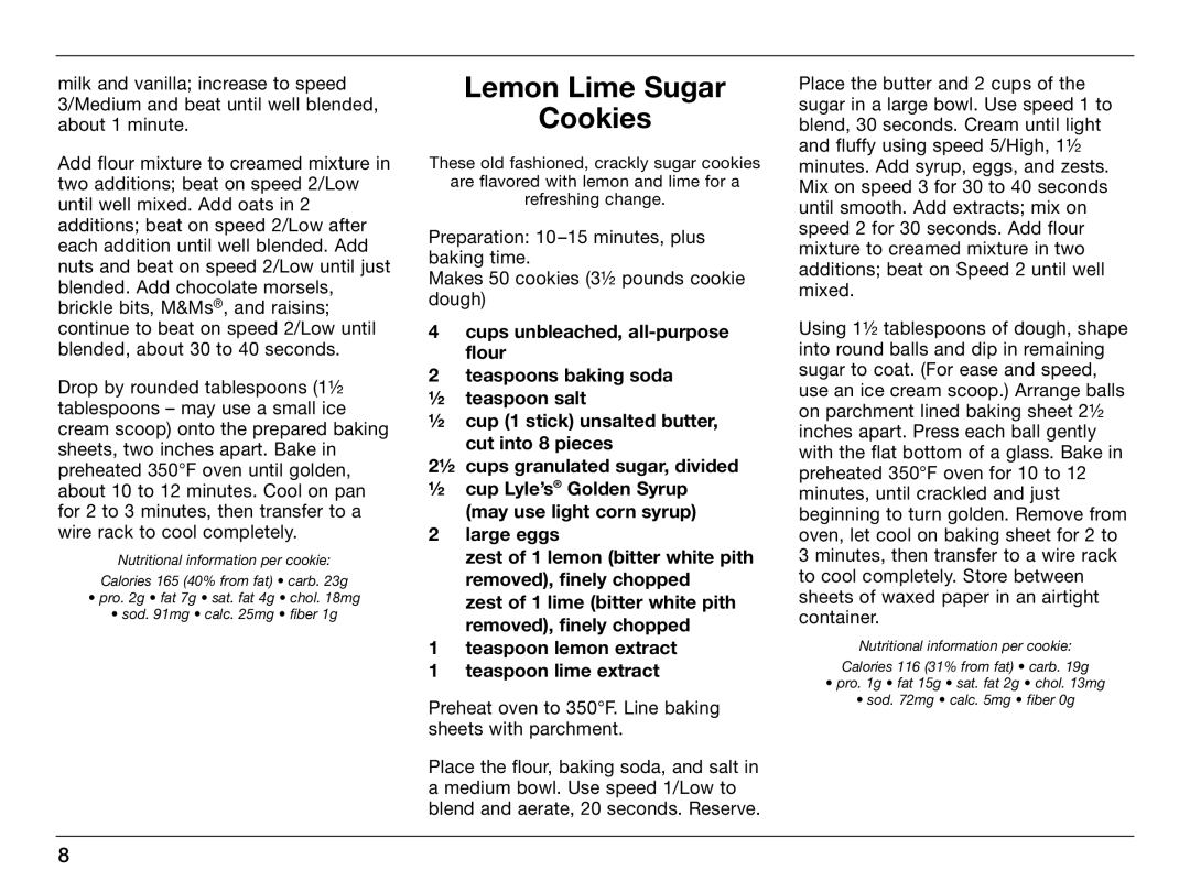 Cuisinart IB-405A, 0CU6515 manual Lemon Lime Sugar Cookies, Preheat oven to 350F. Line baking sheets with parchment 