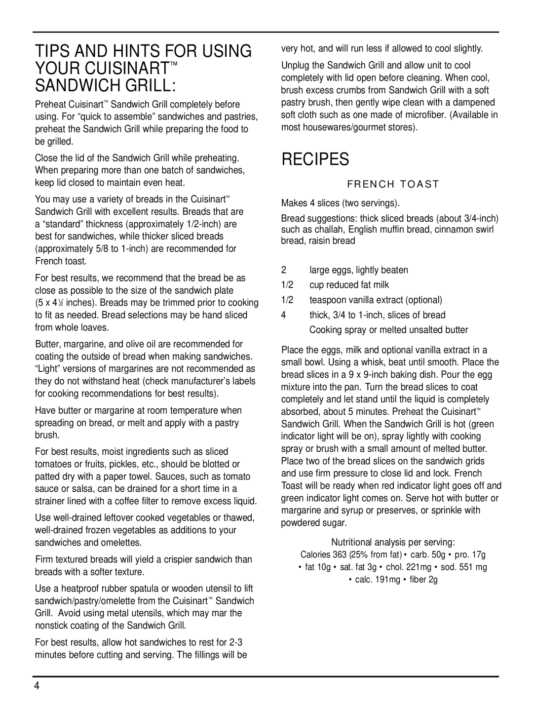 Cuisinart IB-4272, WM-SW2 manual Tips and Hints for Using Your Cuisinart Sandwich Grill, Recipes, French Toast 