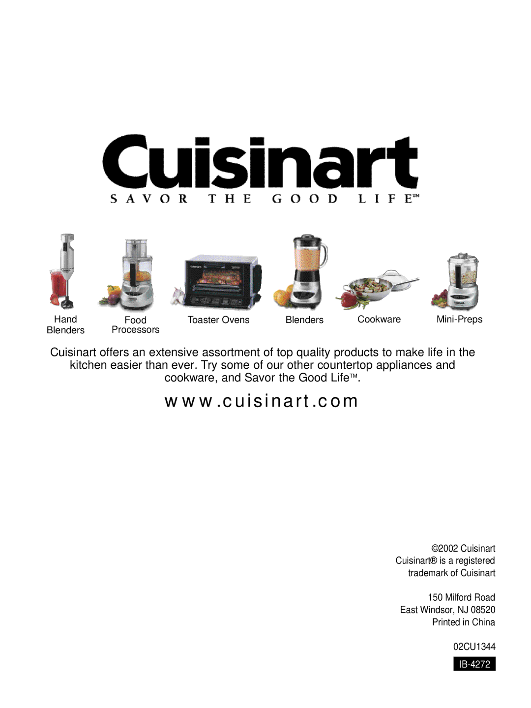 Cuisinart IB-4272, WM-SW2 manual Milford Road East Windsor, NJ 02CU1344 