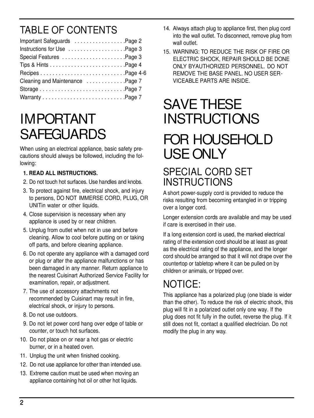 Cuisinart IB-4272, WM-SW2 manual Table Of Contents, Special Cord Set Instructions, Safeguards, Save These Instructions 