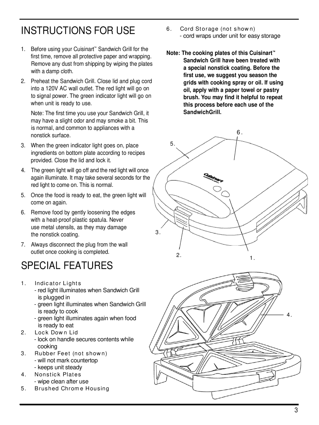 Cuisinart WM-SW2, IB-4272 manual Instructions For Use, Special Features, SandwichGrill 