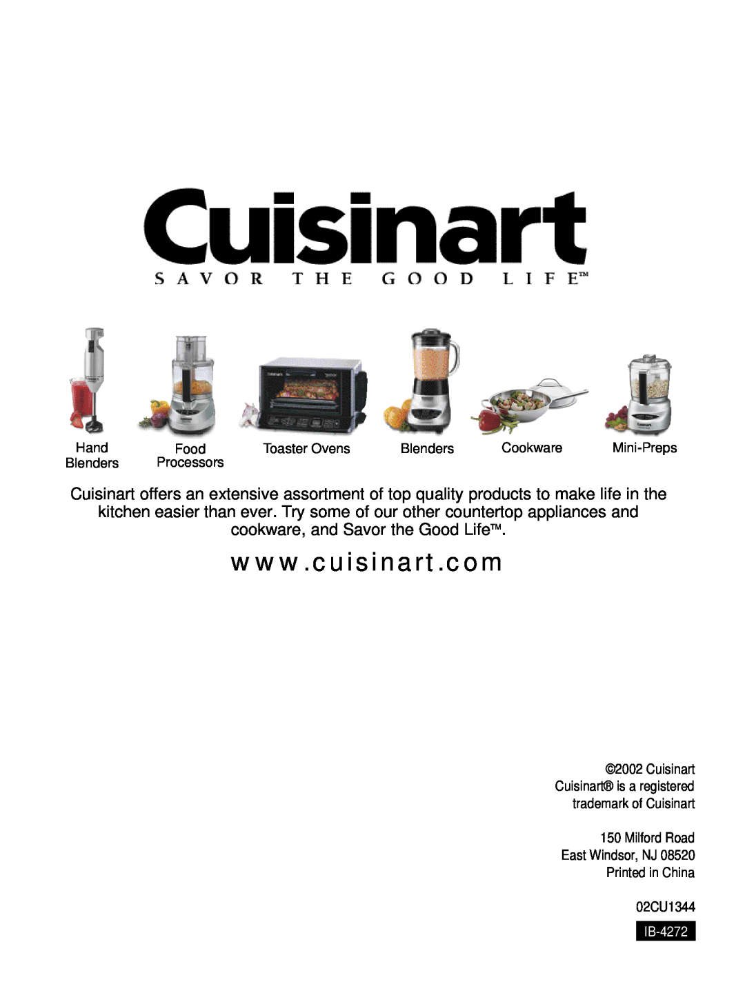 Cuisinart IB-4272, WM-SW2 manual cookware, and Savor the Good LifeTM 