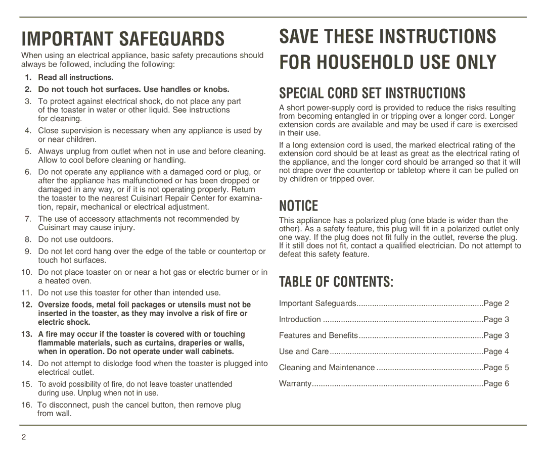 Cuisinart A IB-4625B, CPT-180MR manual Special Cord SET Instructions, Table of Contents 