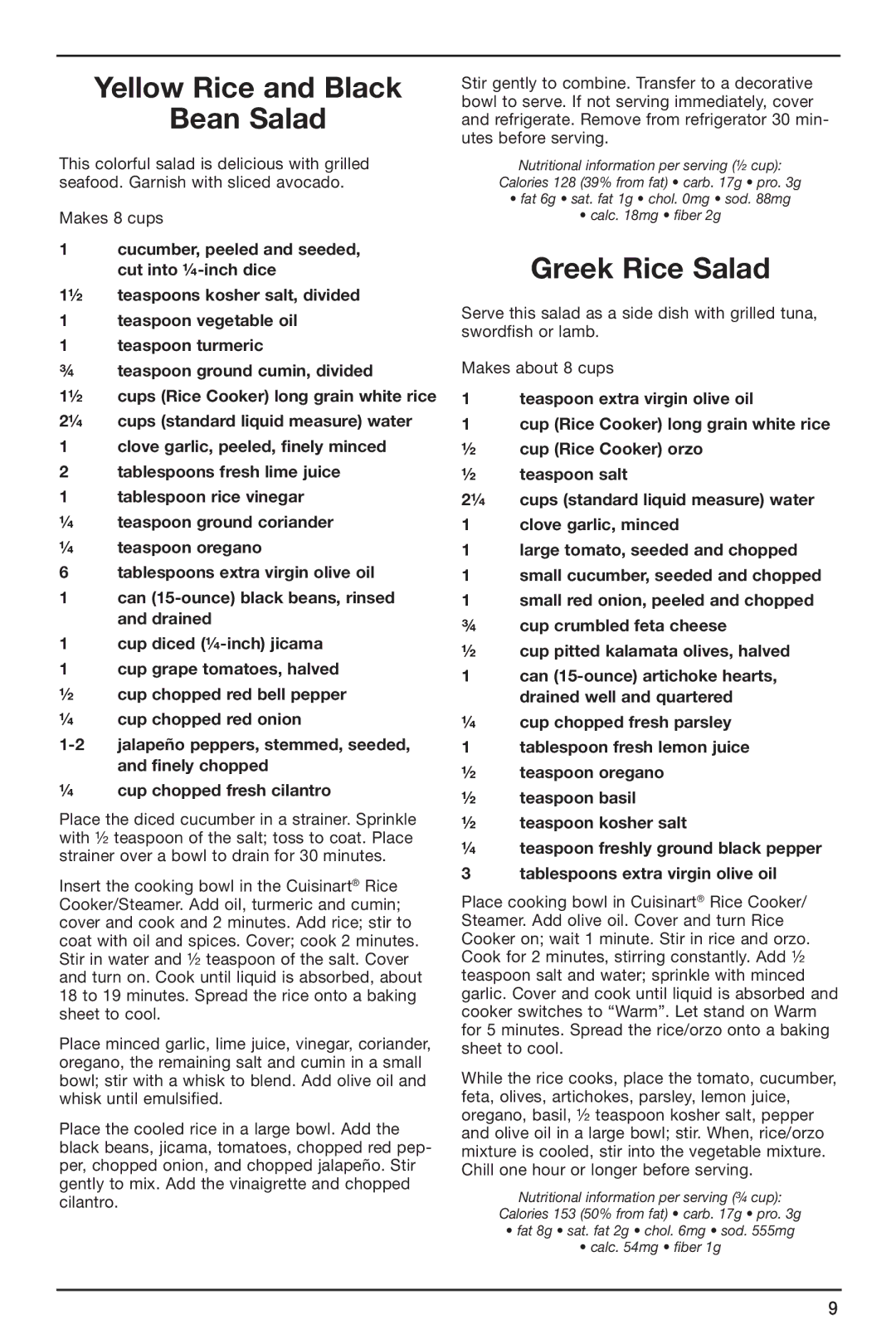 Cuisinart IB-4932B manual Yellow Rice and Black Bean Salad, Greek Rice Salad 