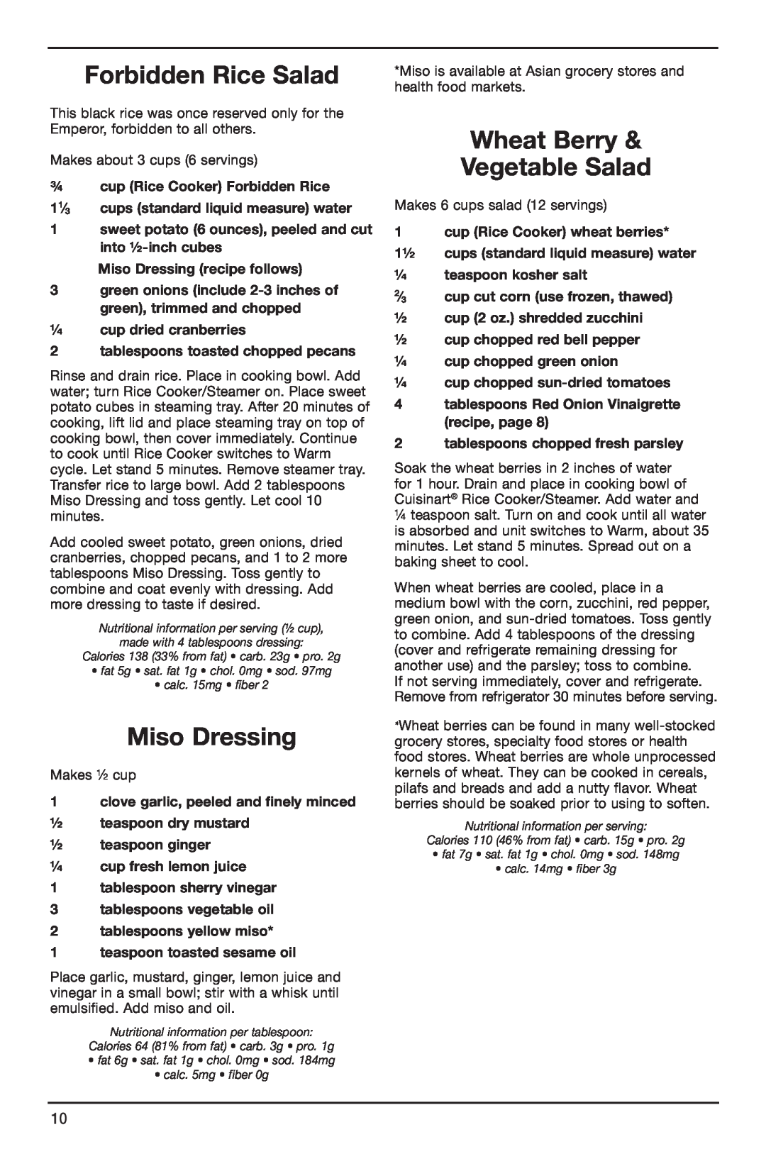 Cuisinart IB-4932B manual Forbidden Rice Salad, Miso Dressing, Wheat Berry & Vegetable Salad 