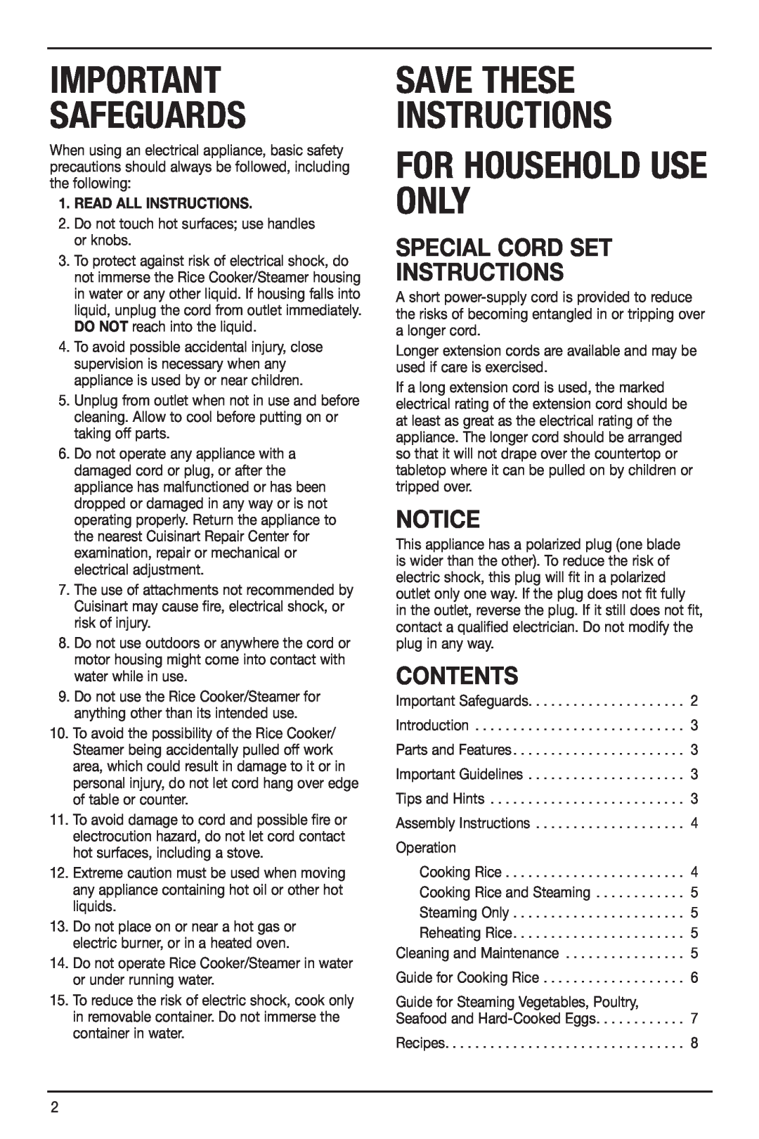 Cuisinart IB-4932B manual Special Cord Set Instructions, Notice, Contents, Safeguards, Save These Instructions 