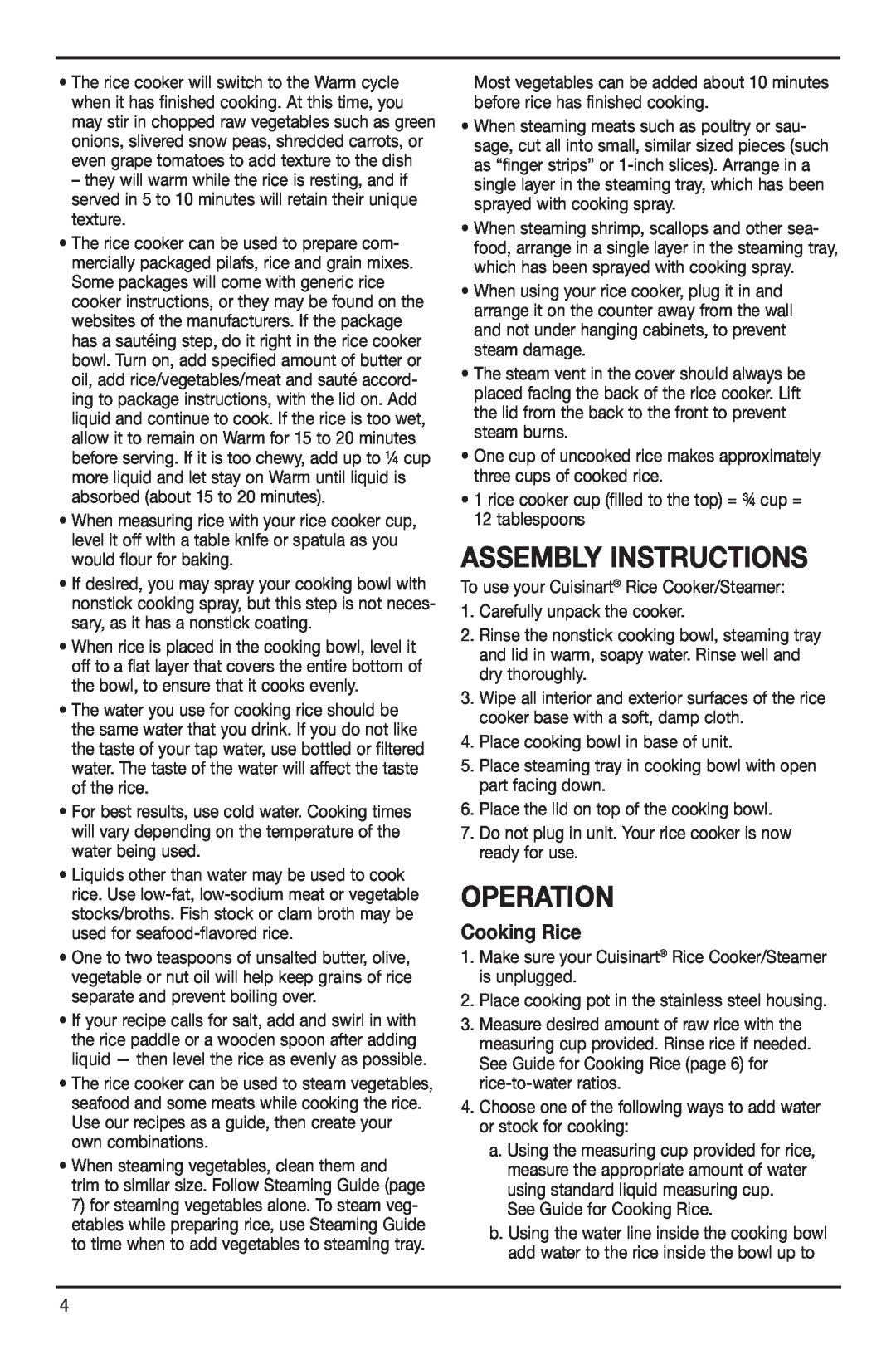 Cuisinart IB-4932B manual Assembly Instructions, Operation, Cooking Rice 
