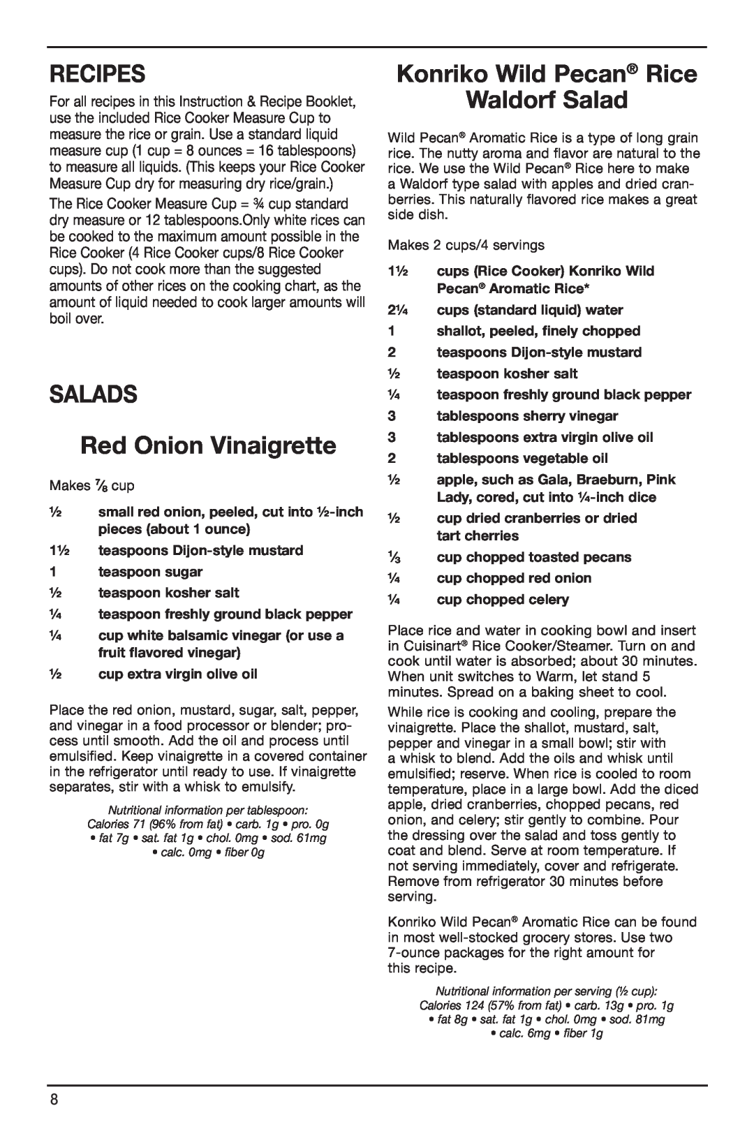 Cuisinart IB-4932B manual Recipes, SALADS Red Onion Vinaigrette, Konriko Wild Pecan Rice Waldorf Salad 