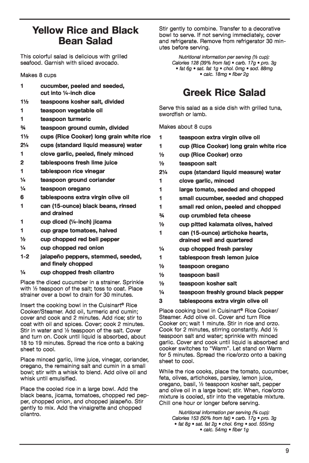 Cuisinart IB-4932B manual Yellow Rice and Black Bean Salad, Greek Rice Salad 