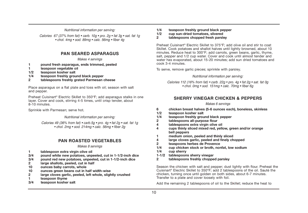 Cuisinart IB-5239A, CSK-150 manual PAN Seared Asparagus, PAN Roasted Vegetables, Sherry Vinegar Chicken & Peppers 