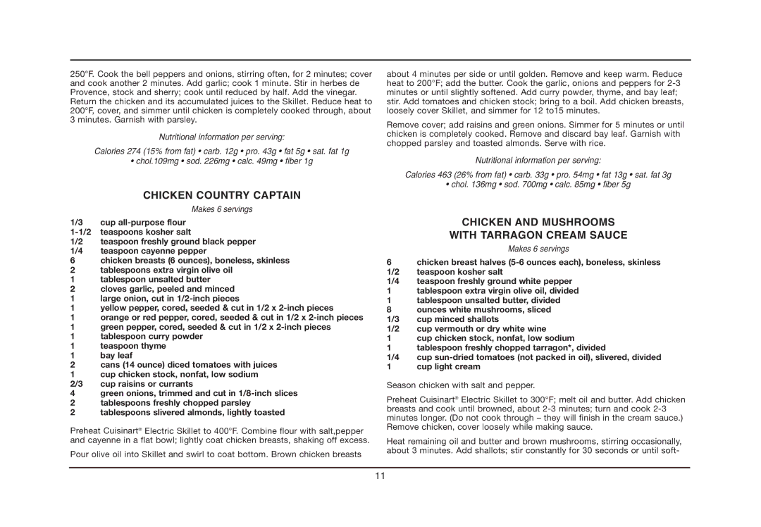 Cuisinart CSK-150, IB-5239A manual Chicken Country Captain, Chicken and Mushrooms With Tarragon Cream Sauce 