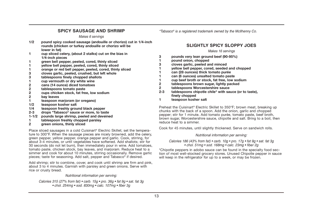 Cuisinart CSK-150, IB-5239A manual Spicy Sausage and Shrimp, Slightly Spicy Sloppy Joes 