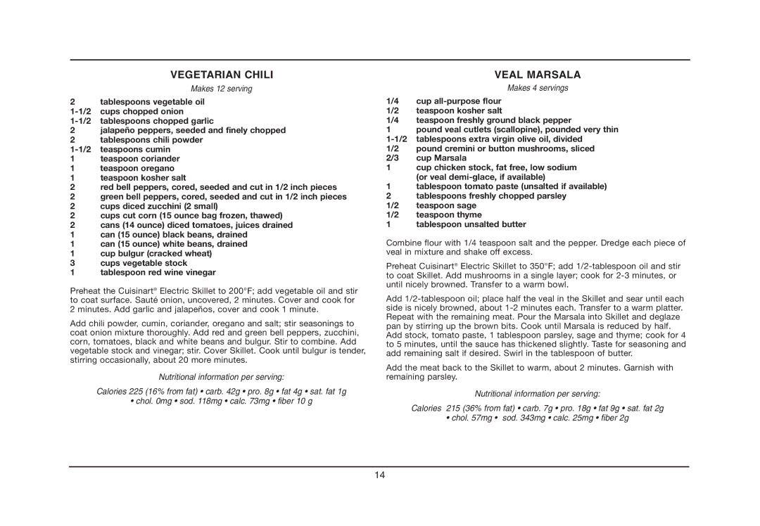 Cuisinart IB-5239A, CSK-150 manual Vegetarian Chili, Veal Marsala 