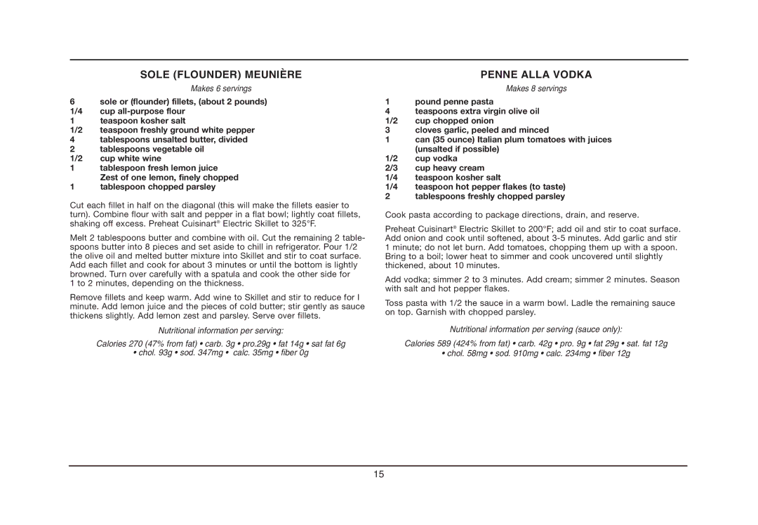 Cuisinart CSK-150, IB-5239A manual Sole Flounder Meunière, Penne Alla Vodka 