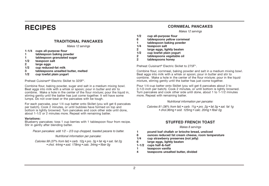 Cuisinart IB-5239A, CSK-150 manual Traditional Pancakes, Cornmeal Pancakes, Stuffed French Toast 