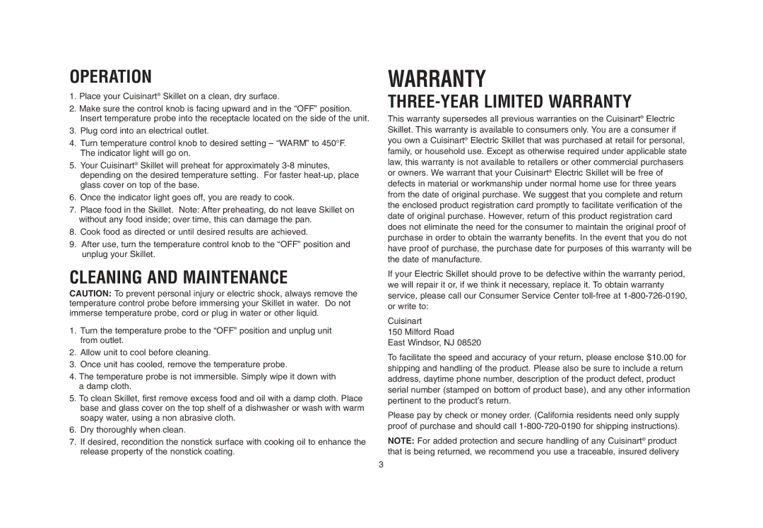 Cuisinart CSK-150, IB-5239A manual Warranty 