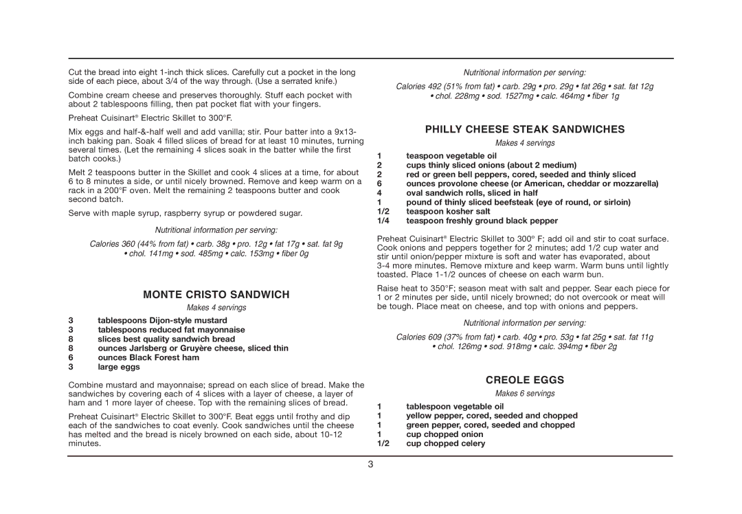 Cuisinart CSK-150, IB-5239A manual Monte Cristo Sandwich, Philly Cheese Steak Sandwiches, Creole Eggs 