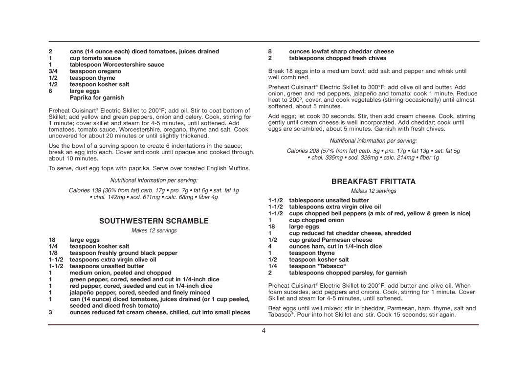 Cuisinart IB-5239A, CSK-150 manual Southwestern Scramble, Breakfast Frittata 