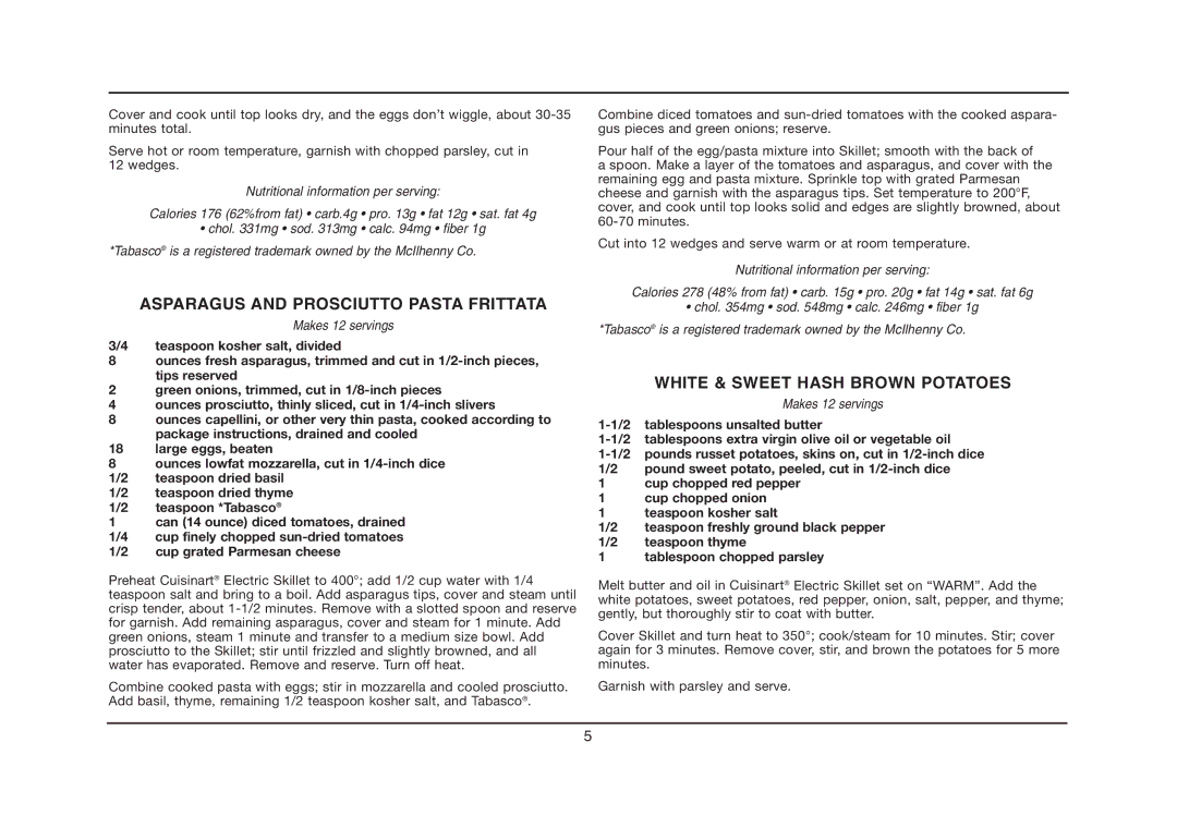 Cuisinart CSK-150, IB-5239A manual Asparagus and Prosciutto Pasta Frittata, White & Sweet Hash Brown Potatoes 