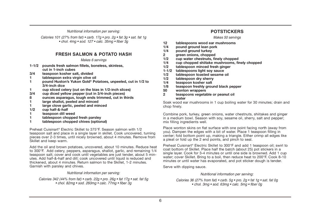 Cuisinart IB-5239A, CSK-150 manual Fresh Salmon & Potato Hash, Potstickers 