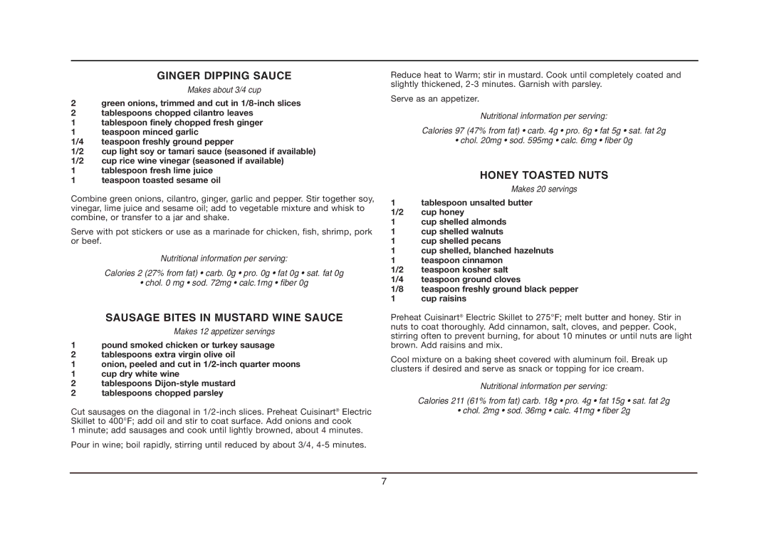 Cuisinart CSK-150, IB-5239A manual Ginger Dipping Sauce, Sausage Bites in Mustard Wine Sauce, Honey Toasted Nuts 