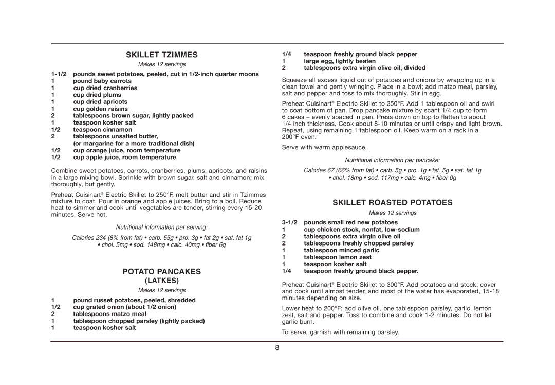 Cuisinart IB-5239A, CSK-150 manual Skillet Tzimmes, Potato Pancakes, Skillet Roasted Potatoes 
