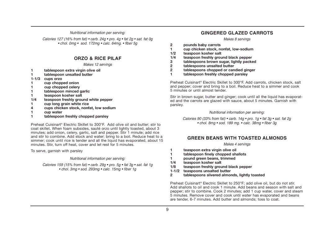Cuisinart CSK-150, IB-5239A manual Orzo & Rice Pilaf, Gingered Glazed Carrots, Green Beans with Toasted Almonds 