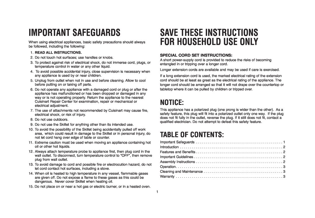 Cuisinart CSK-150, IB-5239A manual Important Safeguards, Save These Instructions For Household Use Only, Table Of Contents 