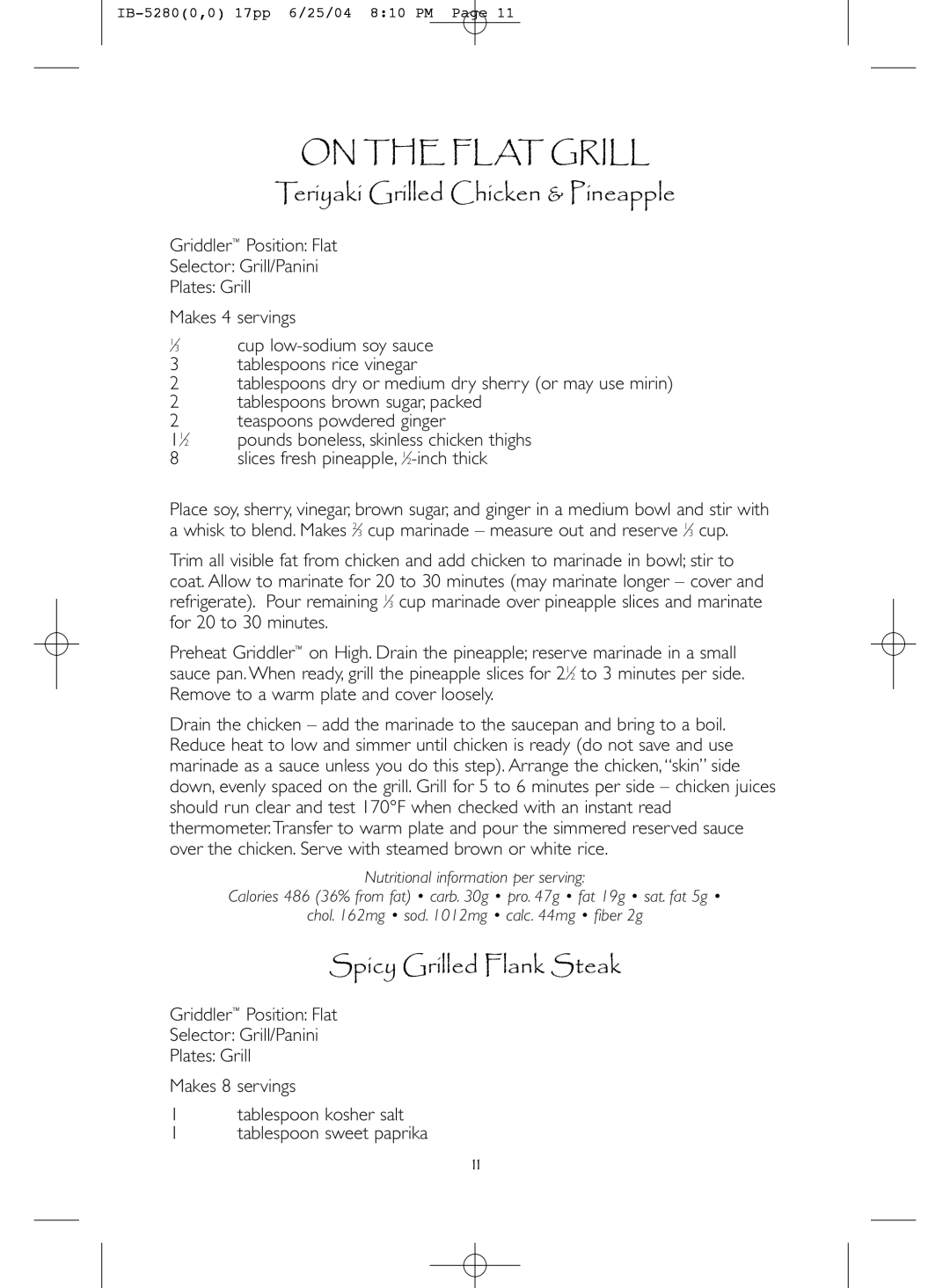 Cuisinart GEW 509 IB-3A3, IB-5280A manual On the Flat Grill, Teriyaki Grilled Chicken & Pineapple, Spicy Grilled Flank Steak 