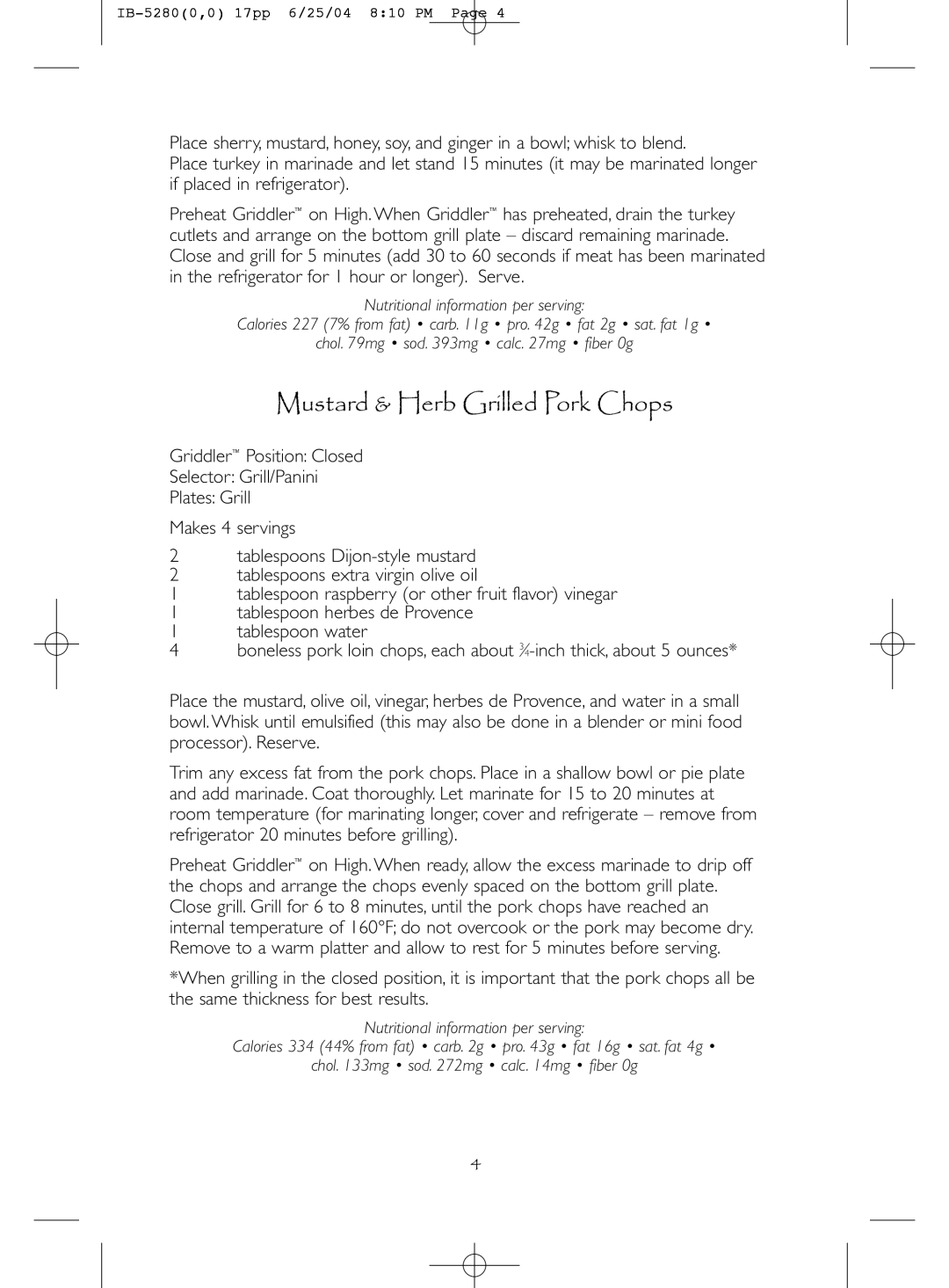 Cuisinart IB-5280A, GEW 509 IB-3A3 manual Mustard & Herb Grilled Pork Chops 