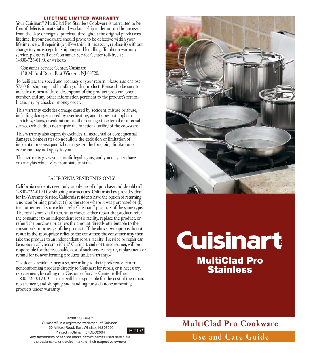 Cuisinart IB-7192 warranty MultiClad Pro Stainless, Use and Care Guide, California Residents only 