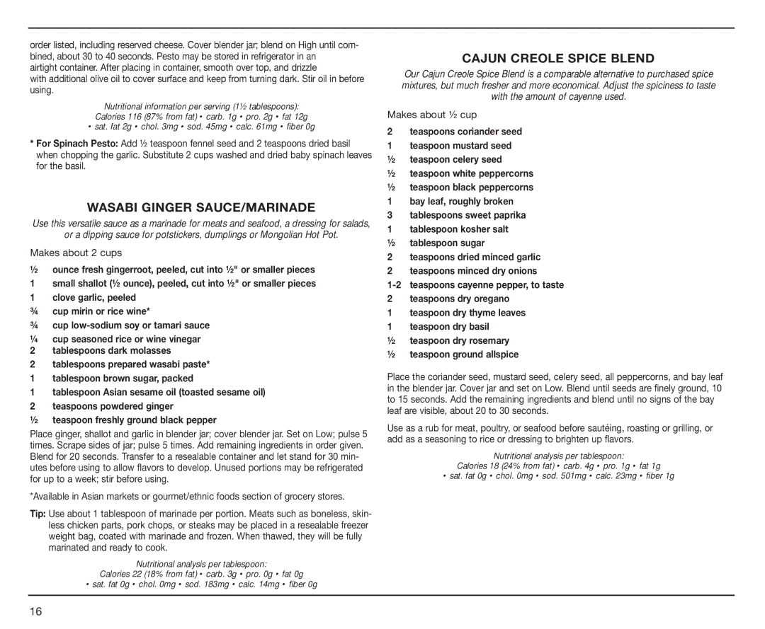 Cuisinart IB-7530, CBT500L manual Wasabi Ginger SAUCE/MARINADE, Cajun Creole Spice Blend, Teaspoons coriander seed 