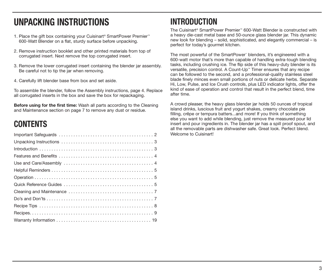 Cuisinart CBT500L, IB-7530 manual Unpacking Instructions 