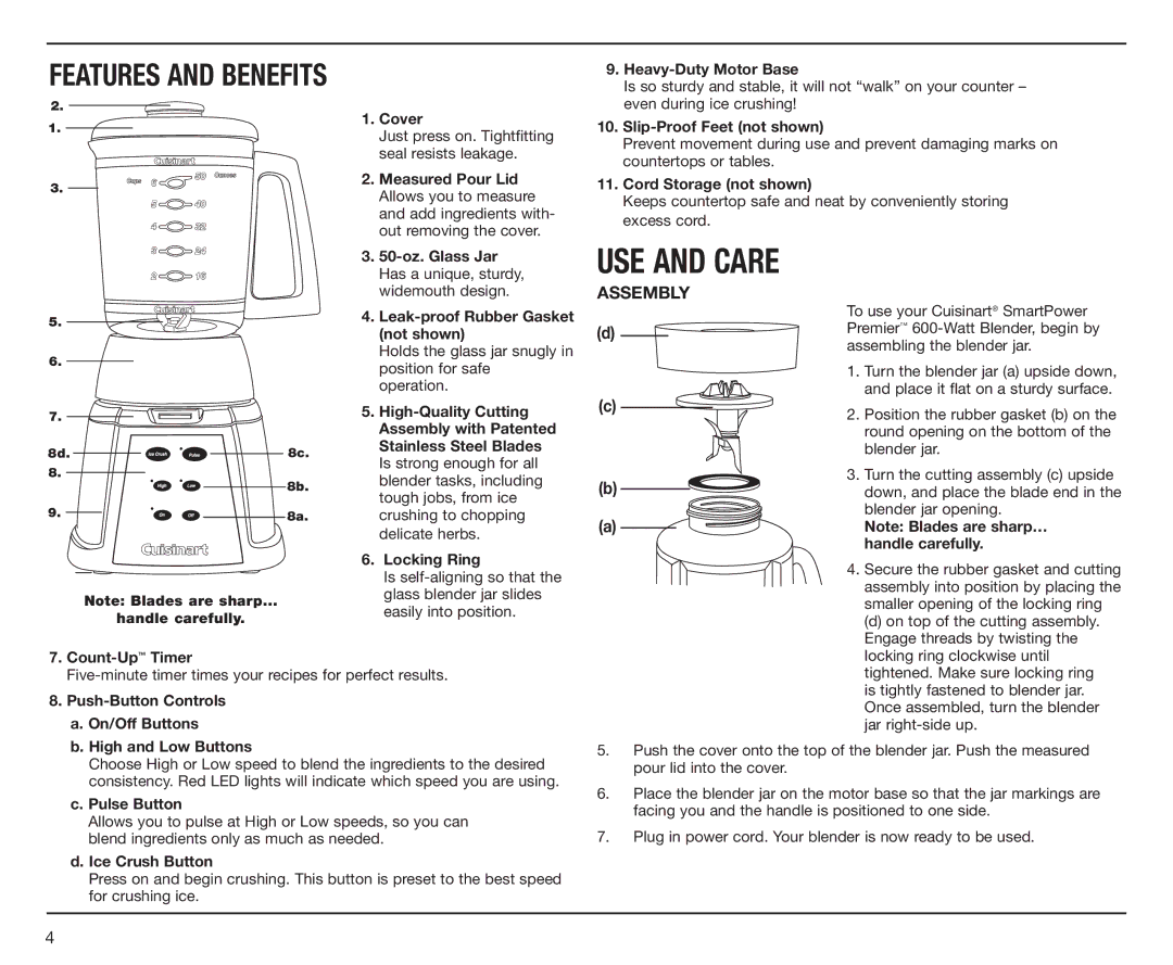 Cuisinart IB-7530 manual Cover, Measured Pour Lid, Heavy-Duty Motor Base, Slip-Proof Feet not shown, Cord Storage not shown 