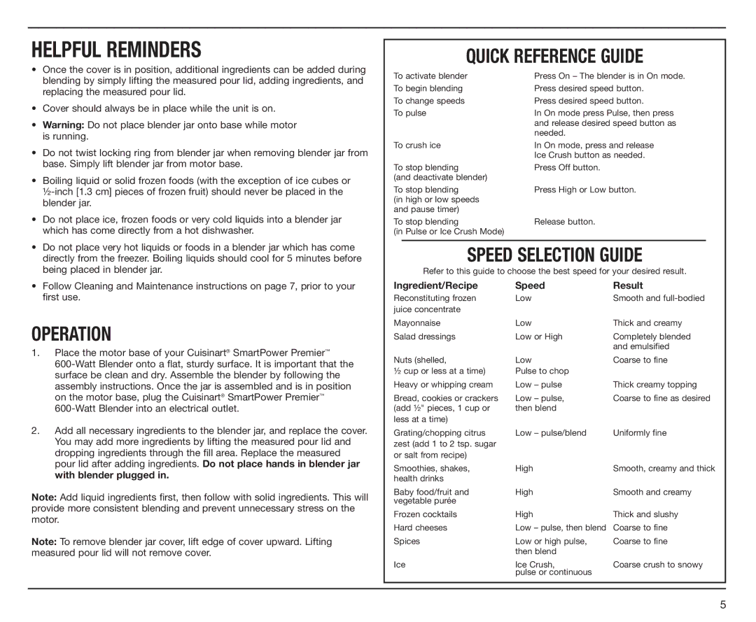 Cuisinart CBT500L, IB-7530 manual Helpful Reminders, Ingredient/Recipe Speed Result 