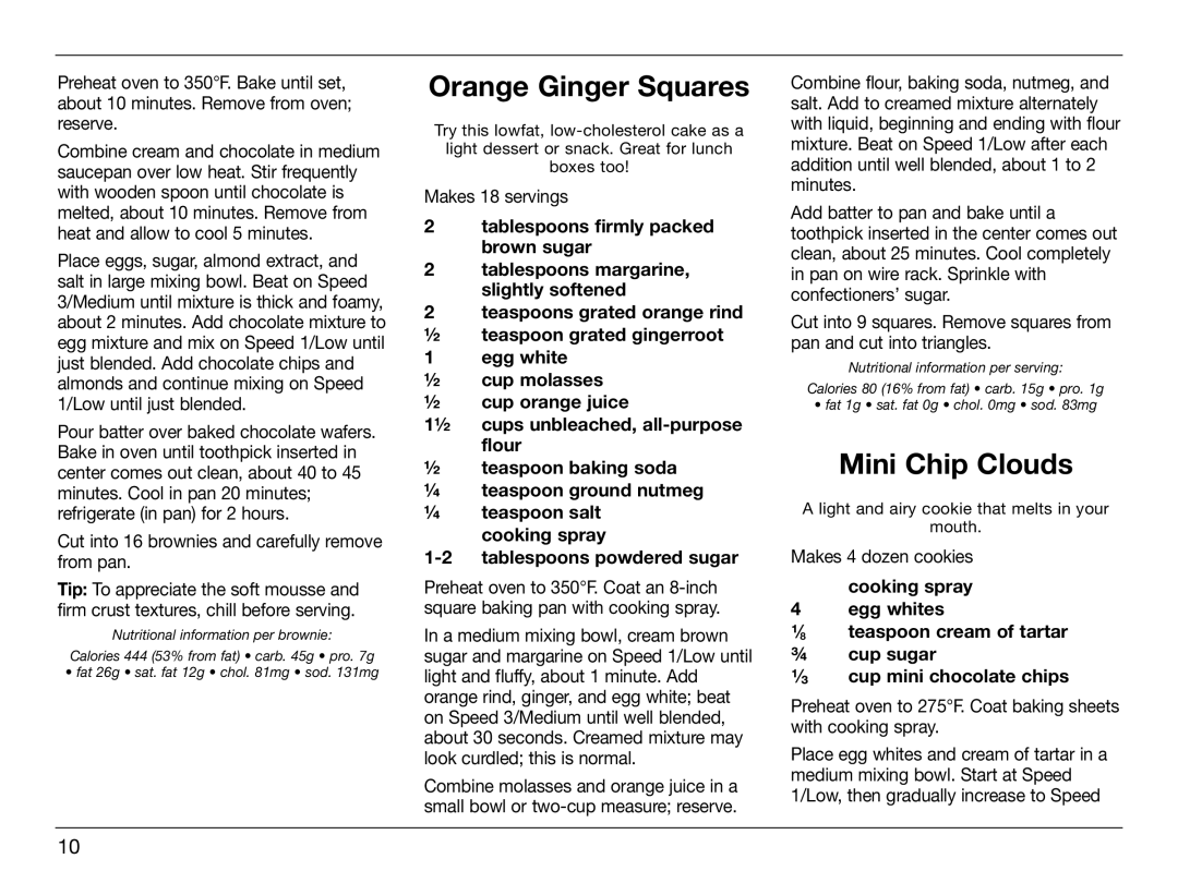 Cuisinart IB-8005, HTM-5CH manual Orange Ginger Squares, Mini Chip Clouds, Cooking spray 