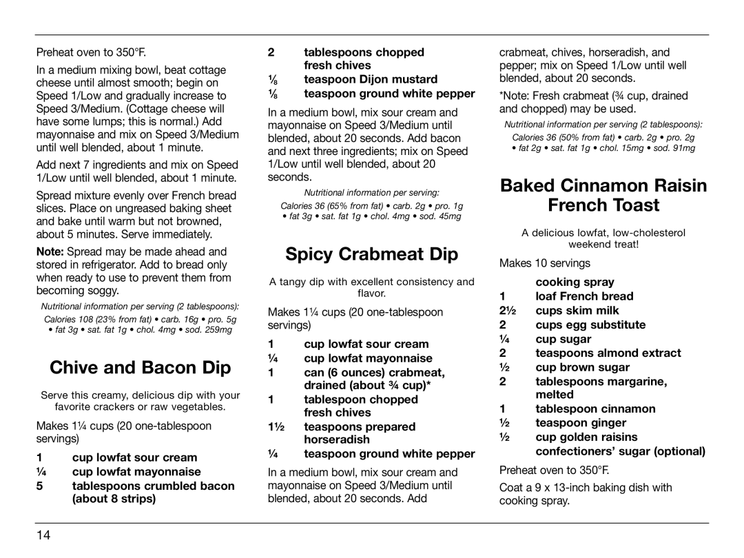 Cuisinart IB-8005, HTM-5CH manual Chive and Bacon Dip, Spicy Crabmeat Dip, Baked Cinnamon Raisin French Toast 