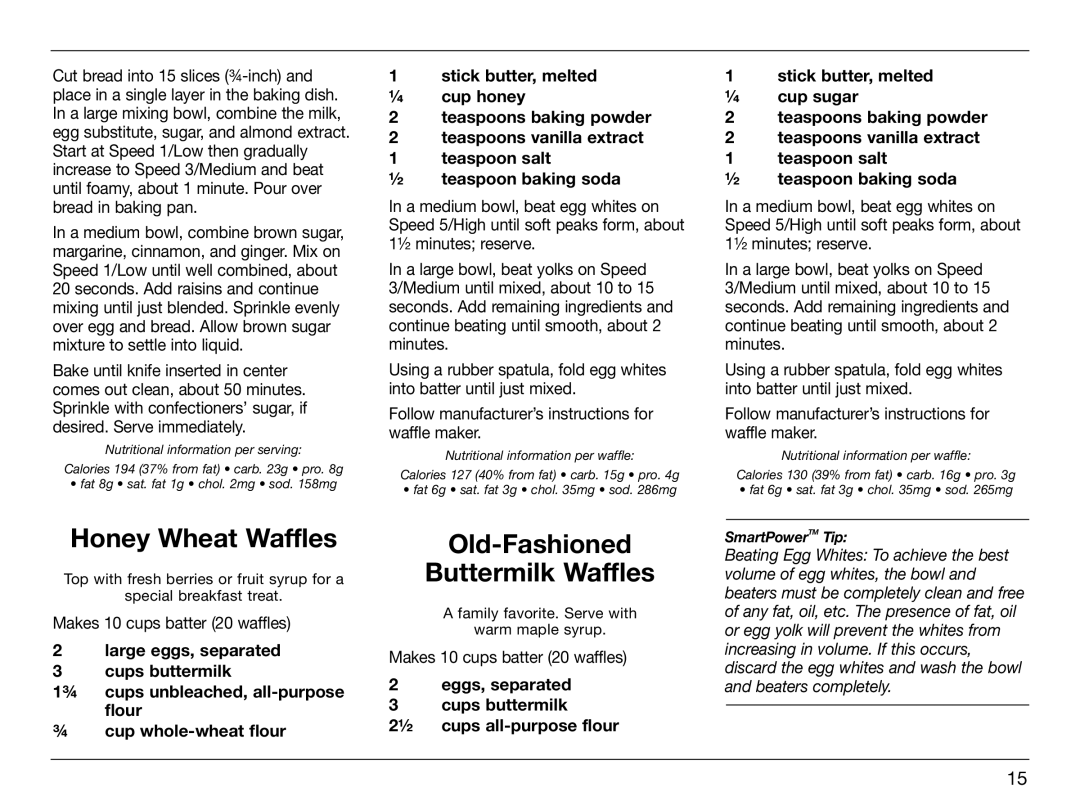 Cuisinart HTM-5CH, IB-8005 manual Honey Wheat Waffles, Old-Fashioned Buttermilk Waffles, Makes 10 cups batter 20 waffles 