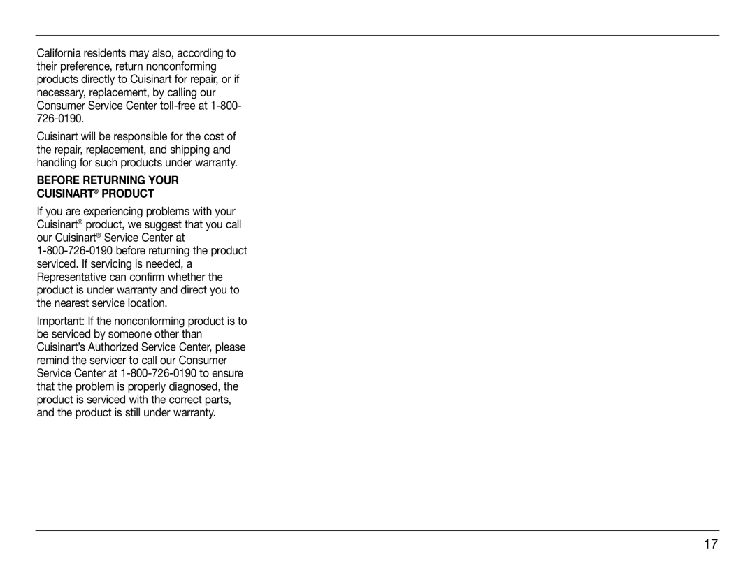 Cuisinart HTM-5CH, IB-8005 manual Before returning your cuisinart product 